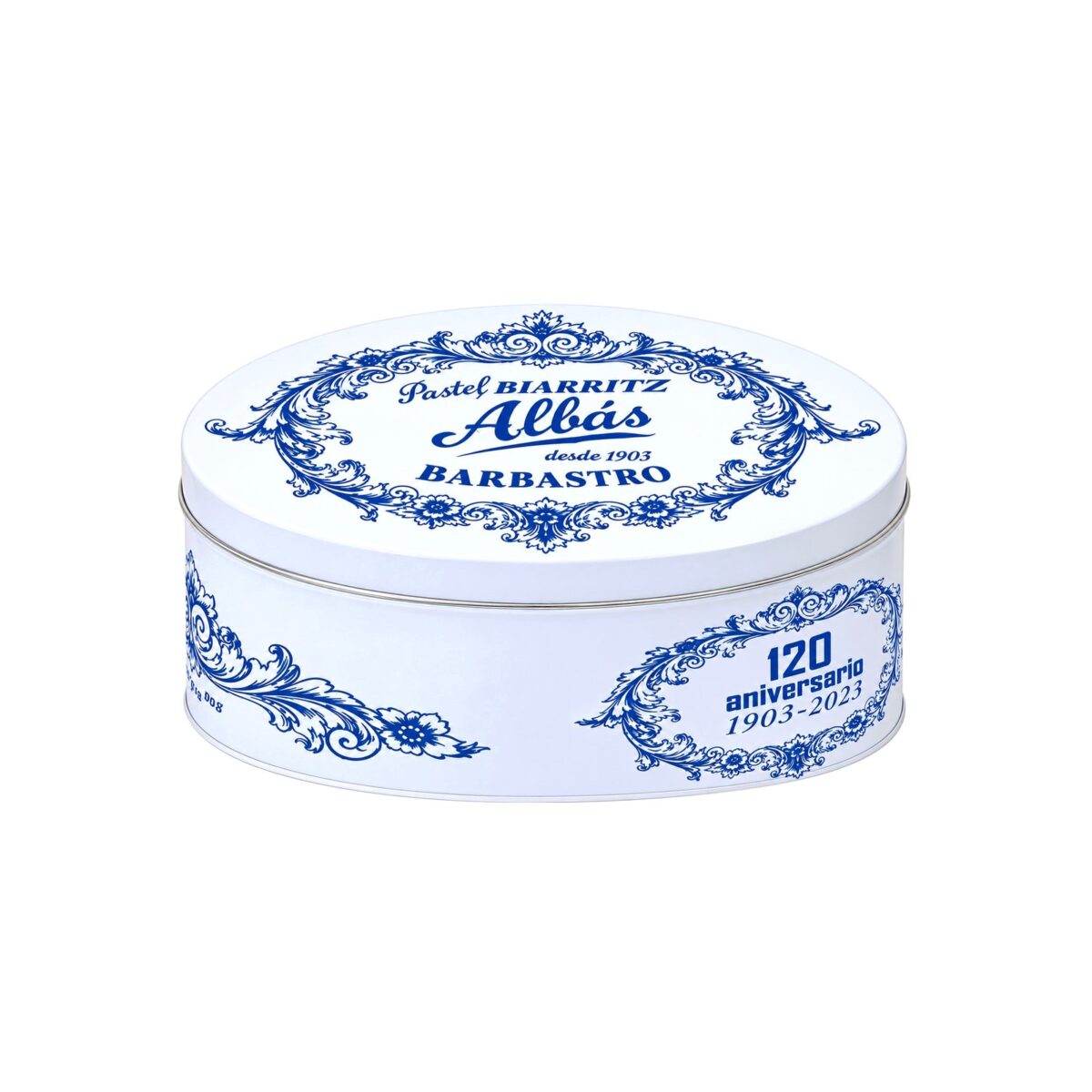 Lata metálica blanca y azul del 120 aniversario del Pastel Biarritz Albás, 1903-2023