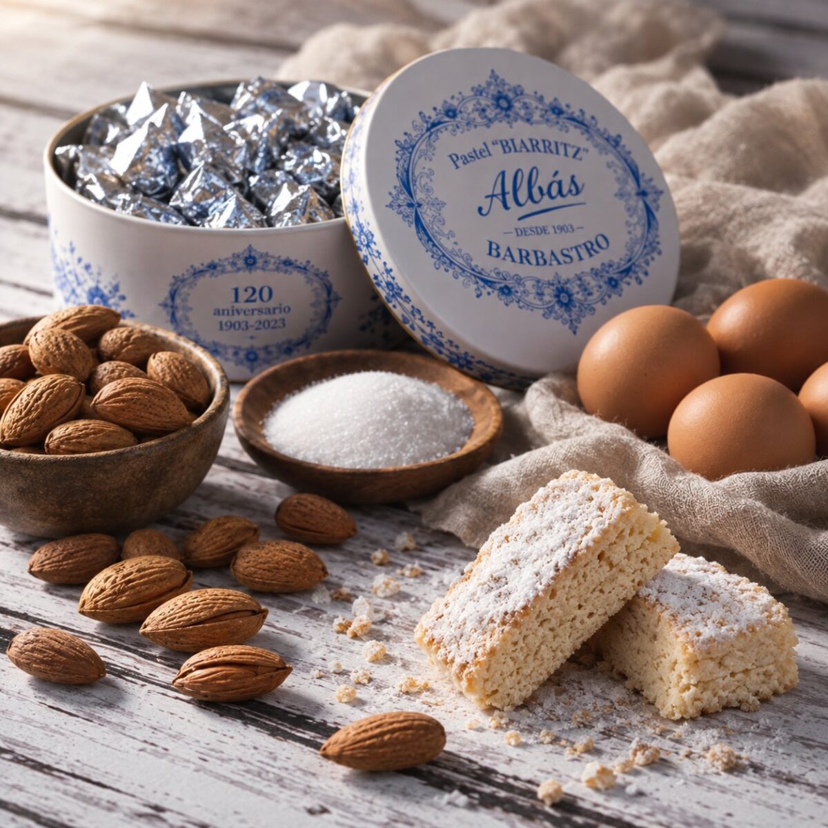 Lata del 120 aniversario del Pastel Biarritz Albás abierta sobre una mesa de madera, con almendras, azúcar, huevos y pasteles Biarritz